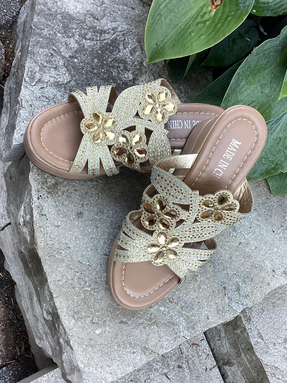 Gold Floral Slide Sandals for Women
